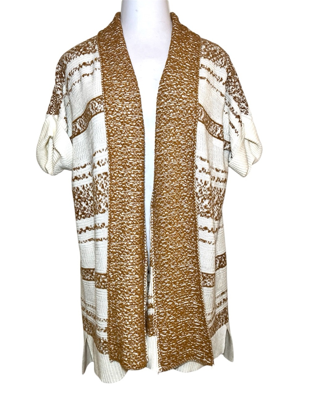 AVA & VIV Open-Front Cream and Brown Long Knit Short Sleeve Cardigan Sweater
